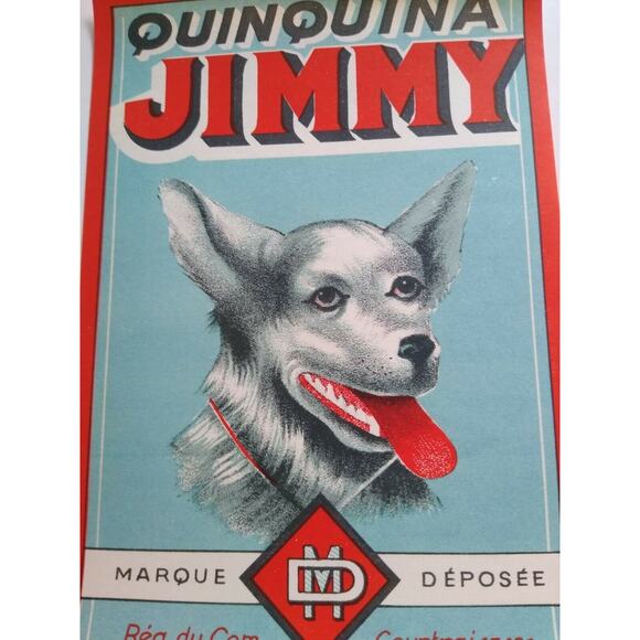 Quinquina Jimmy Vintage 1920s Wine Litho Label Silvery Grey Dog Artwork Original - Picture 3 of 4